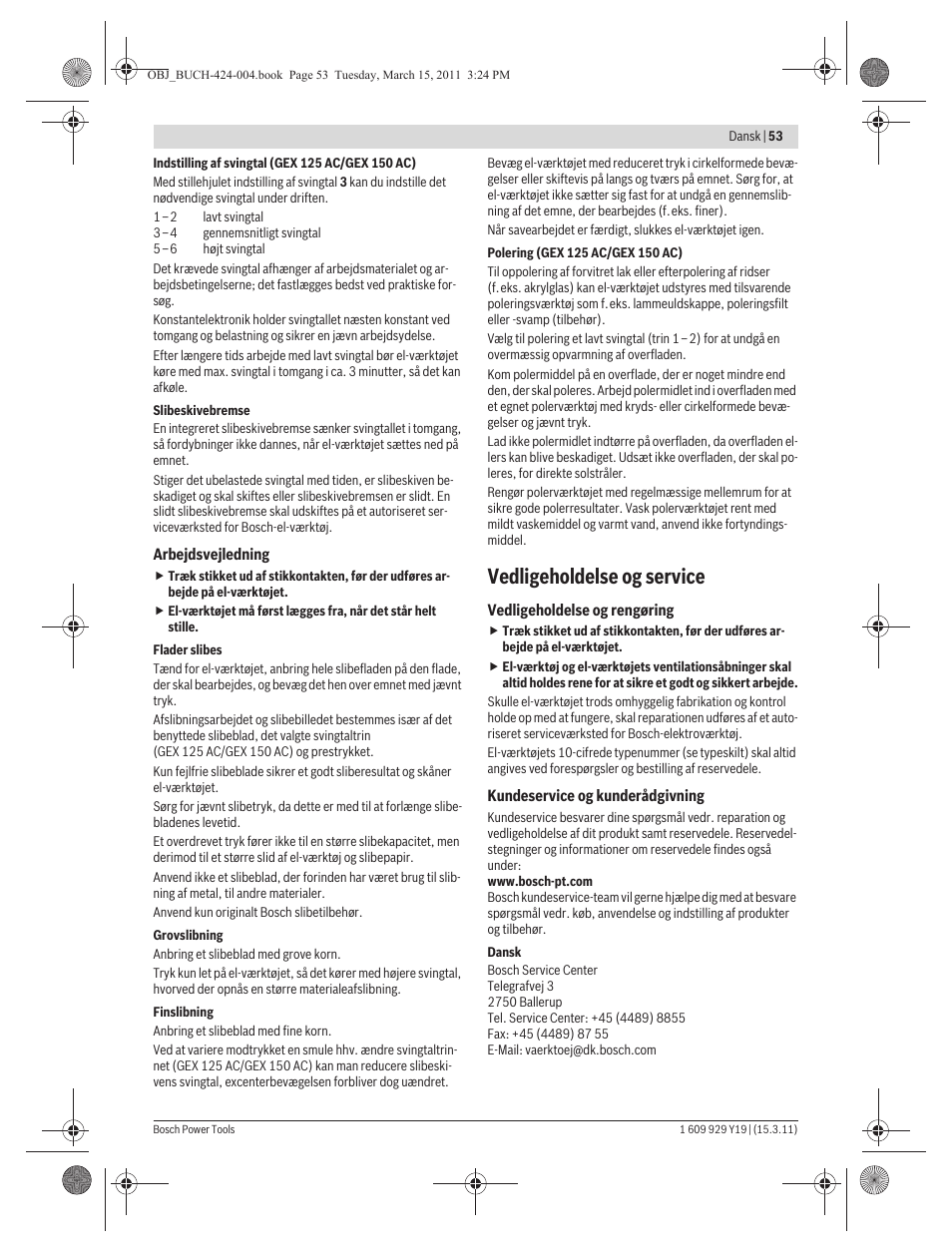 Vedligeholdelse og service | Bosch GEX 125 AC Professional User Manual | Page 53 / 179