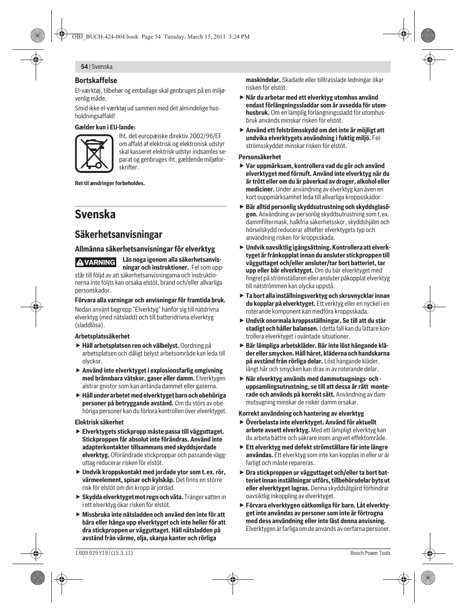 Svenska, Säkerhetsanvisningar | Bosch GEX 125 AC Professional User Manual | Page 54 / 179
