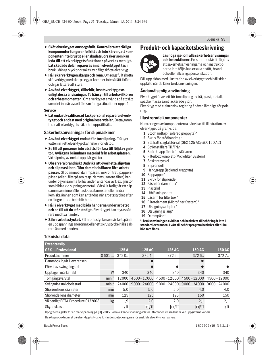 Produkt- och kapacitetsbeskrivning | Bosch GEX 125 AC Professional User Manual | Page 55 / 179