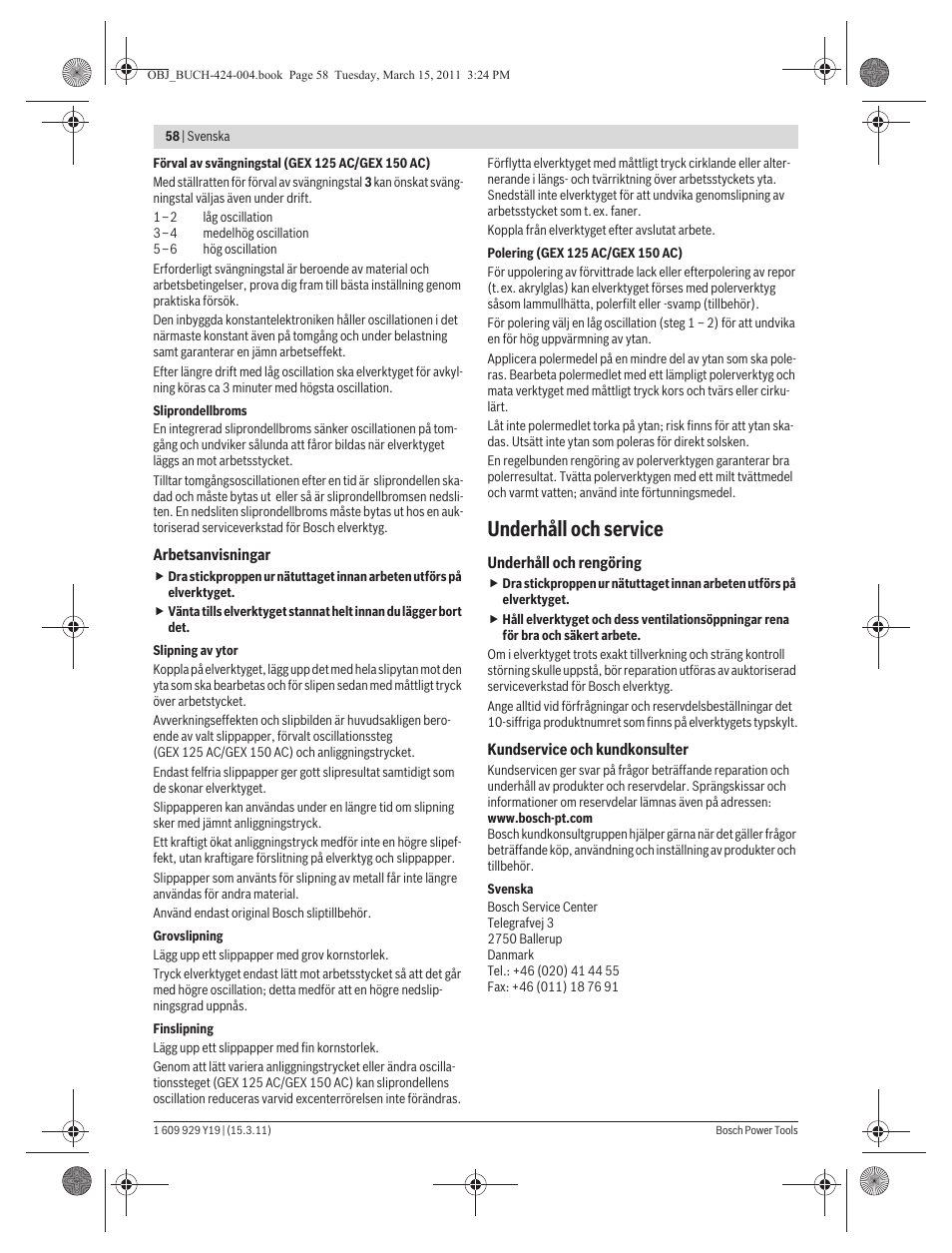 Underhåll och service | Bosch GEX 125 AC Professional User Manual | Page 58 / 179
