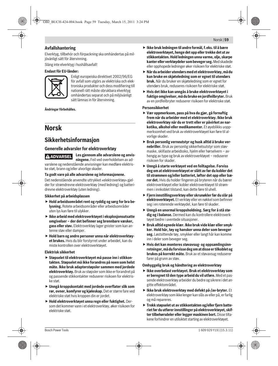 Norsk, Sikkerhetsinformasjon | Bosch GEX 125 AC Professional User Manual | Page 59 / 179