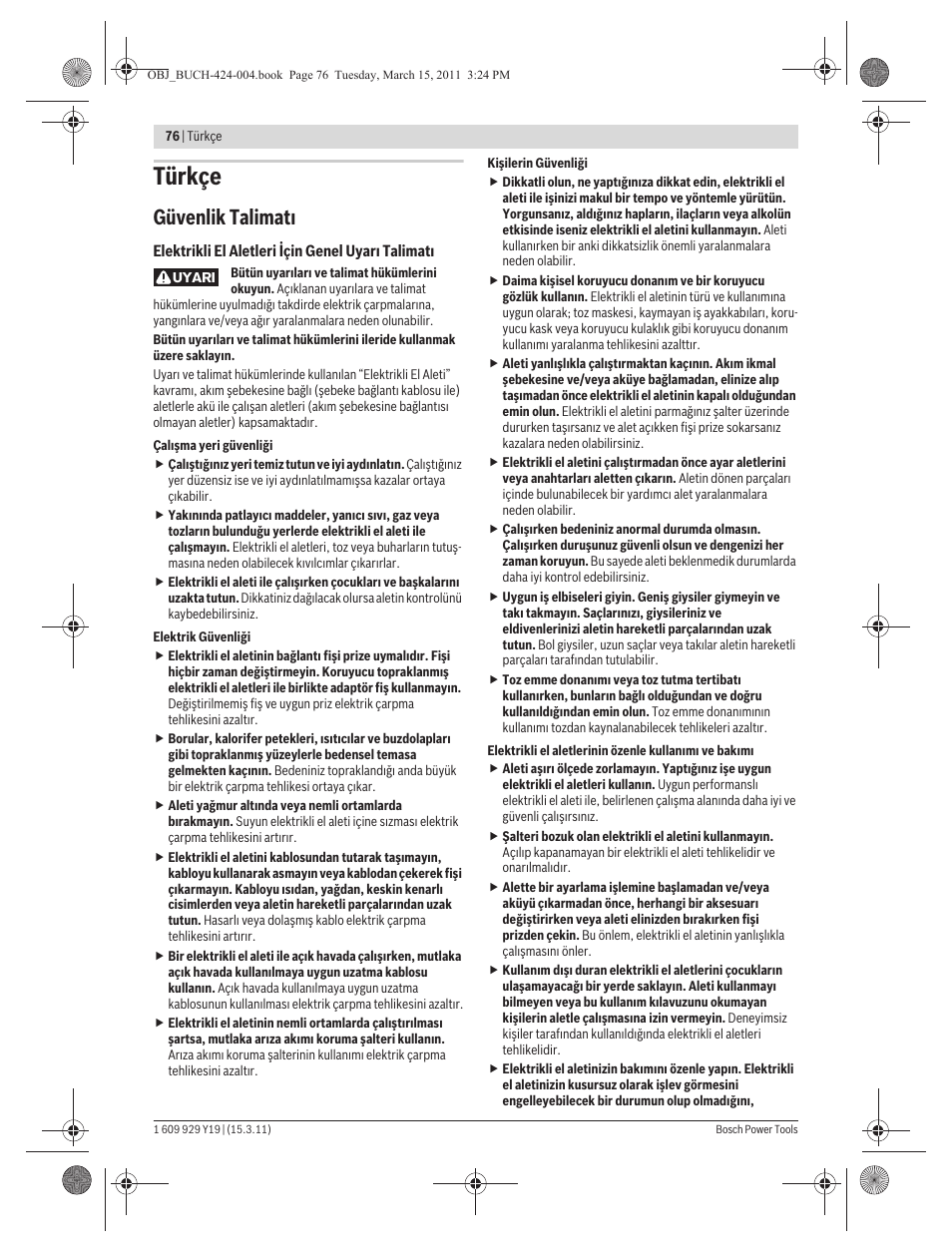 Türkçe, Güvenlik talimat | Bosch GEX 125 AC Professional User Manual | Page 76 / 179