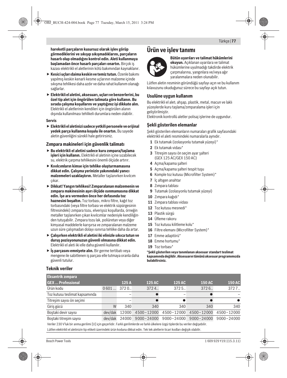 Ürün ve işlev tan m | Bosch GEX 125 AC Professional User Manual | Page 77 / 179