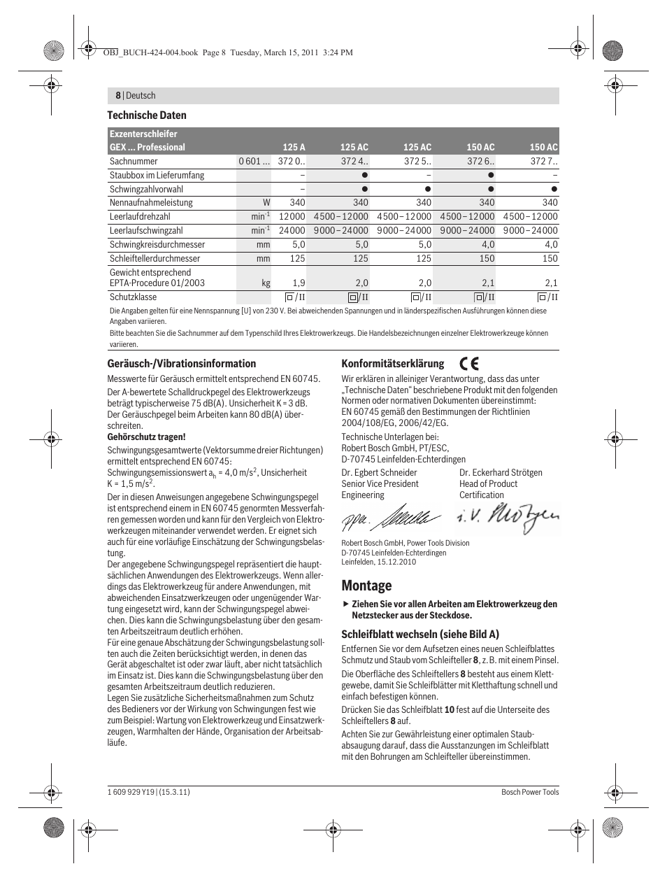 Montage | Bosch GEX 125 AC Professional User Manual | Page 8 / 179