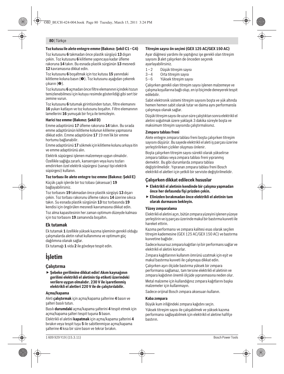 Işletim | Bosch GEX 125 AC Professional User Manual | Page 80 / 179