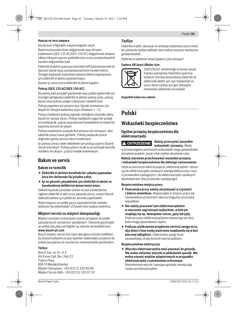 Polski, Bak m ve servis, Wskazówki bezpieczeństwa | Bosch GEX 125 AC Professional User Manual | Page 81 / 179