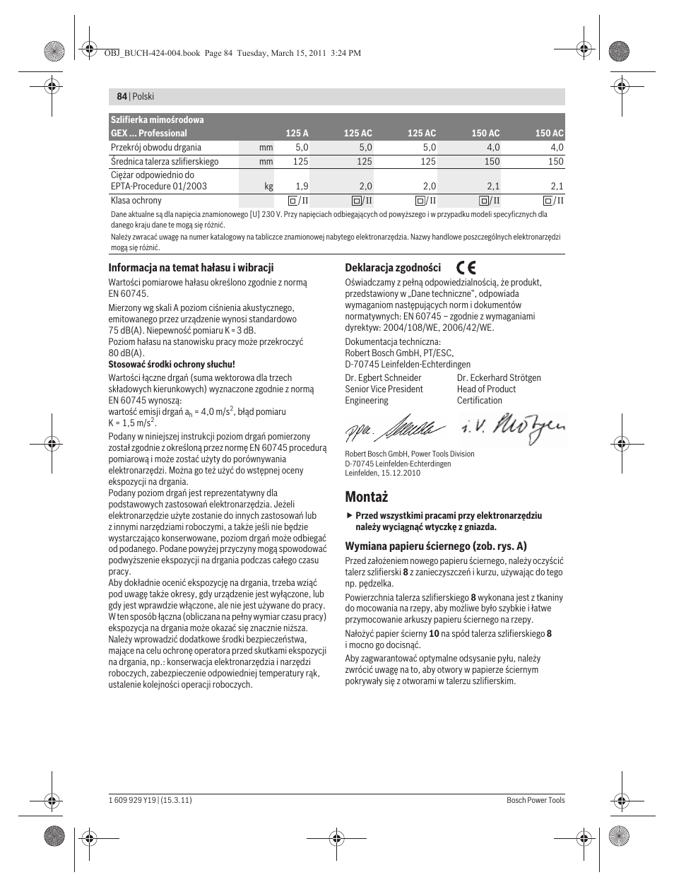 Montaż | Bosch GEX 125 AC Professional User Manual | Page 84 / 179