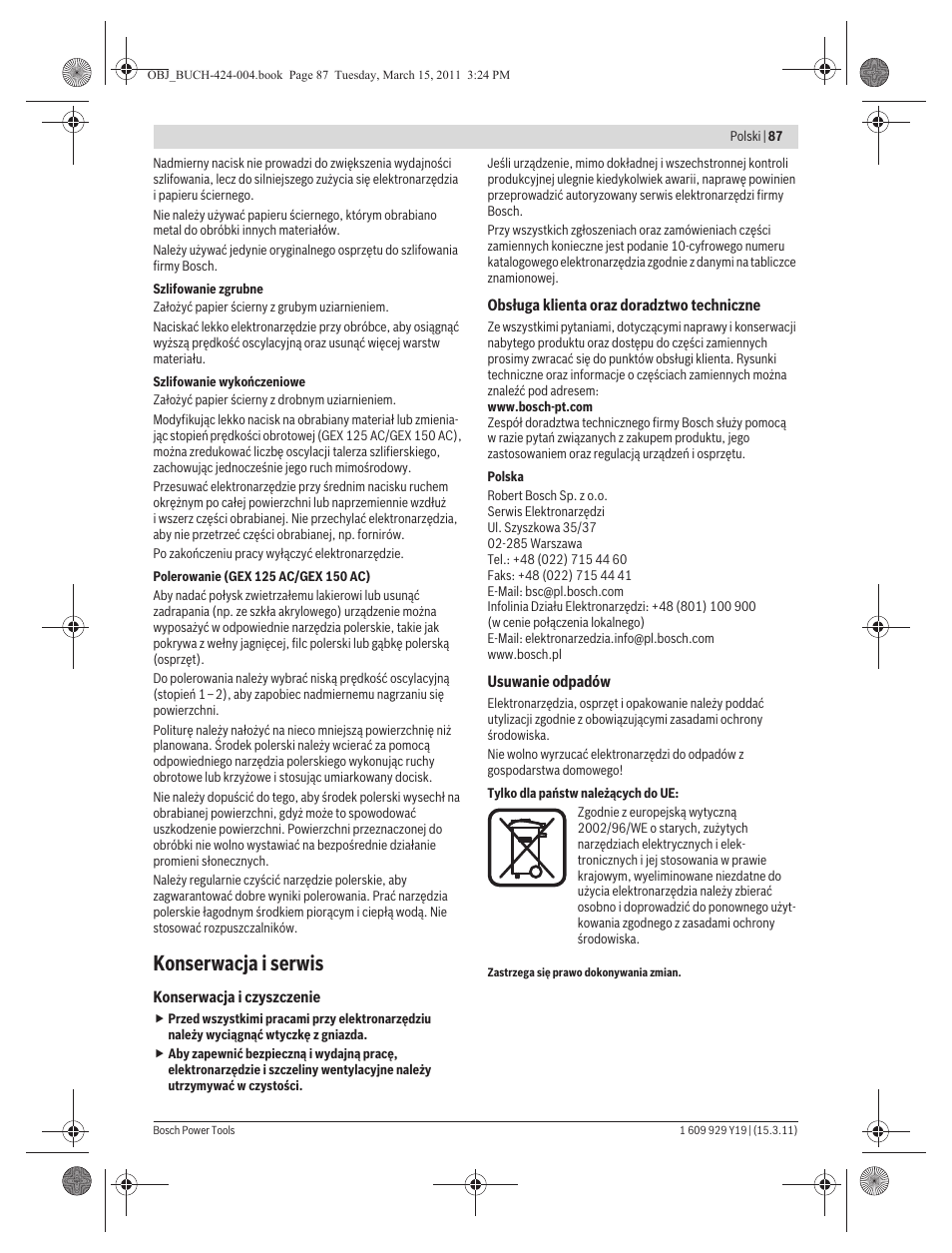 Konserwacja i serwis | Bosch GEX 125 AC Professional User Manual | Page 87 / 179