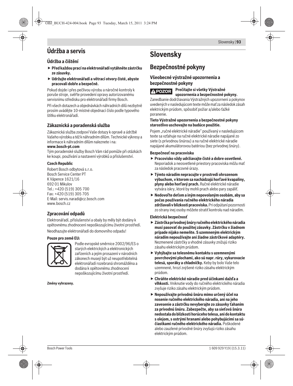 Slovensky, Údržba a servis, Bezpečnostné pokyny | Bosch GEX 125 AC Professional User Manual | Page 93 / 179