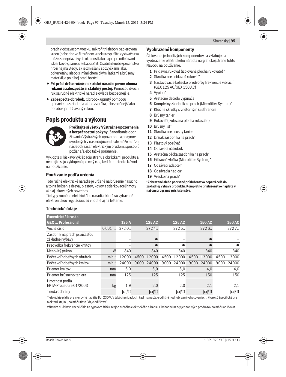 Popis produktu a výkonu | Bosch GEX 125 AC Professional User Manual | Page 95 / 179