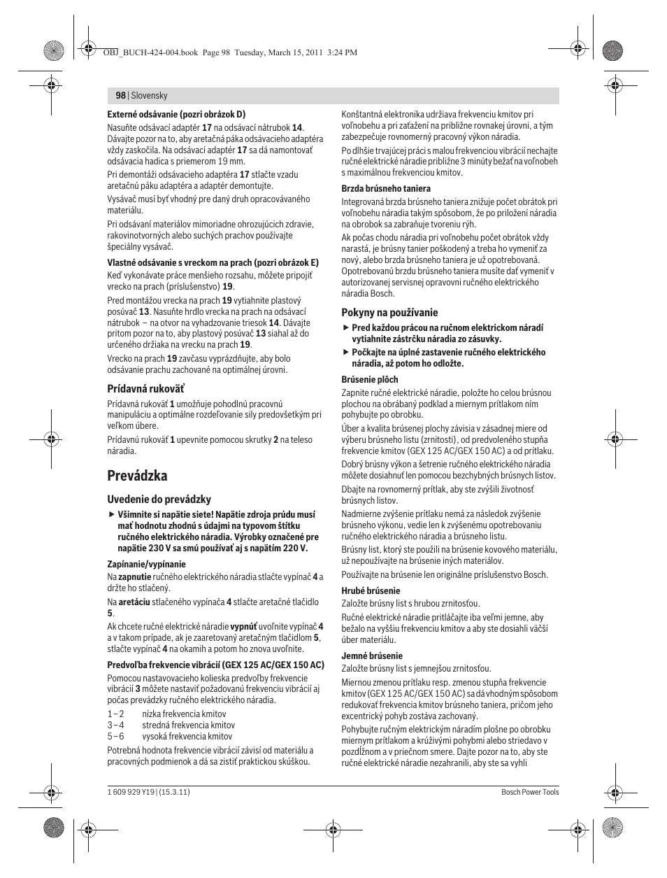 Prevádzka | Bosch GEX 125 AC Professional User Manual | Page 98 / 179