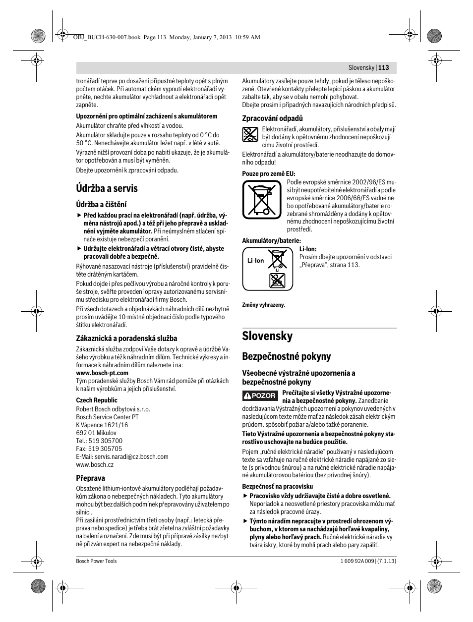 Slovensky, Údržba a servis, Bezpečnostné pokyny | Bosch GOP 10,8 V-LI Professional User Manual | Page 113 / 215