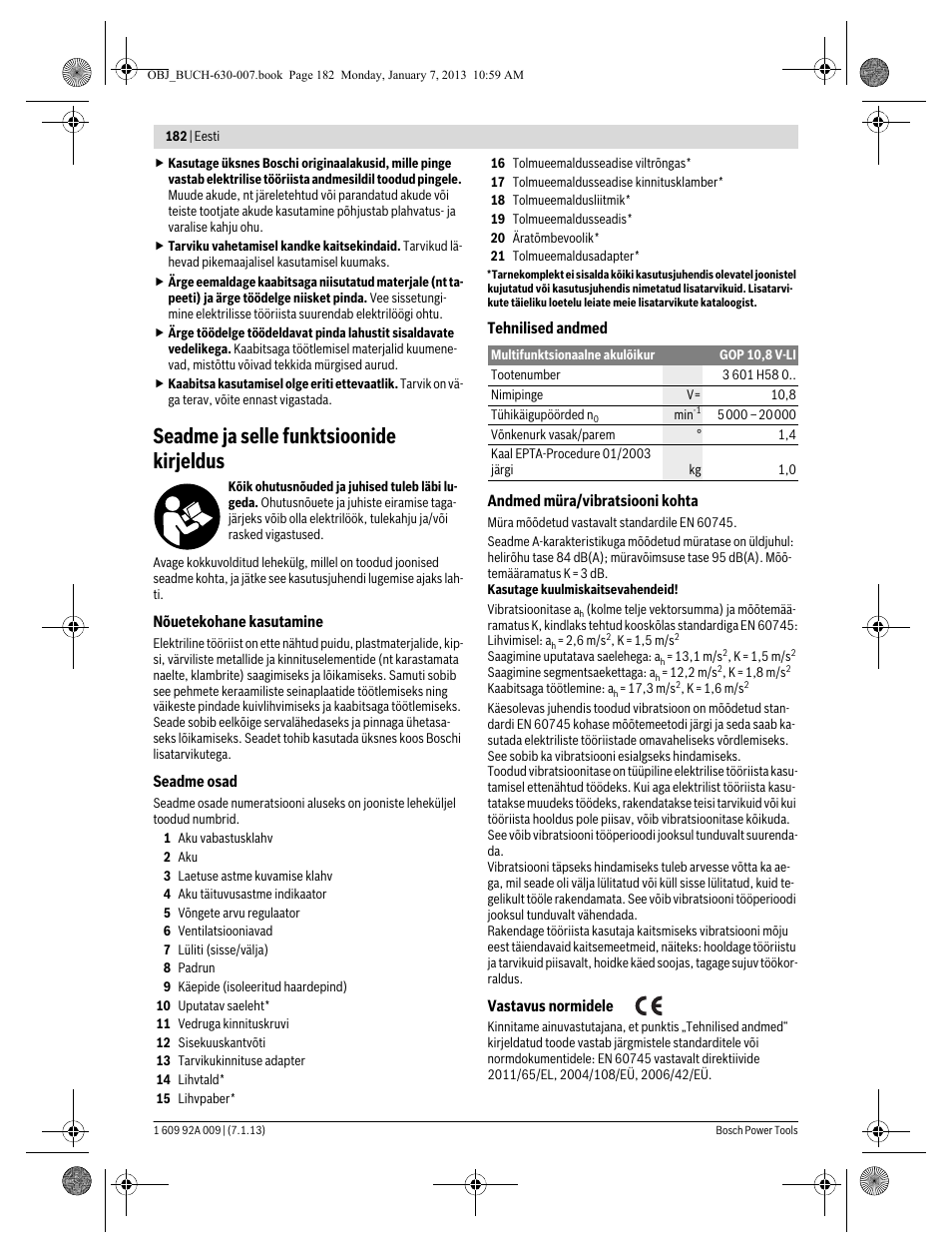 Seadme ja selle funktsioonide kirjeldus | Bosch GOP 10,8 V-LI Professional User Manual | Page 182 / 215