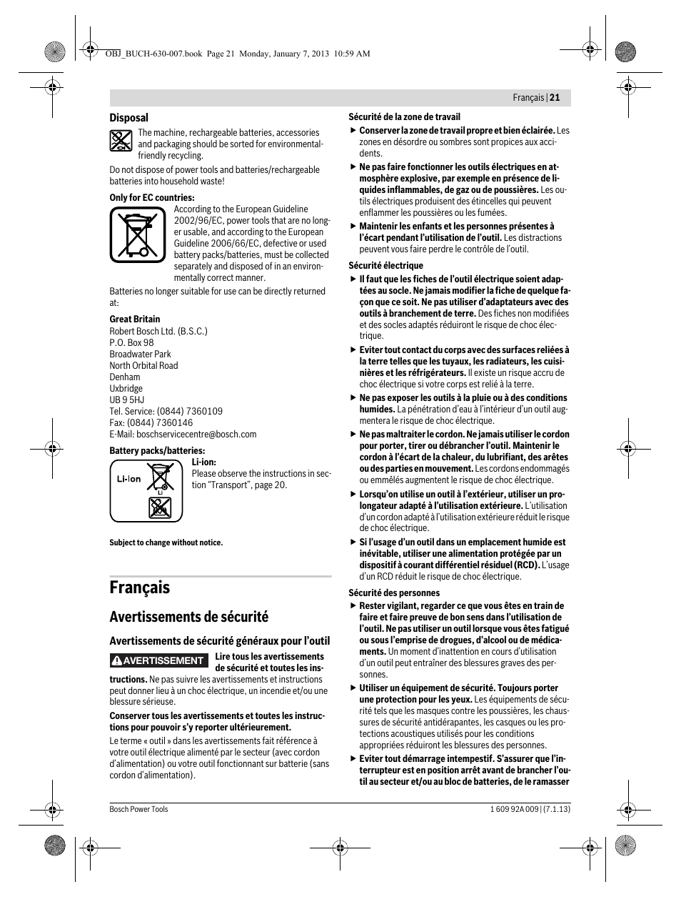 Français, Avertissements de sécurité | Bosch GOP 10,8 V-LI Professional User Manual | Page 21 / 215