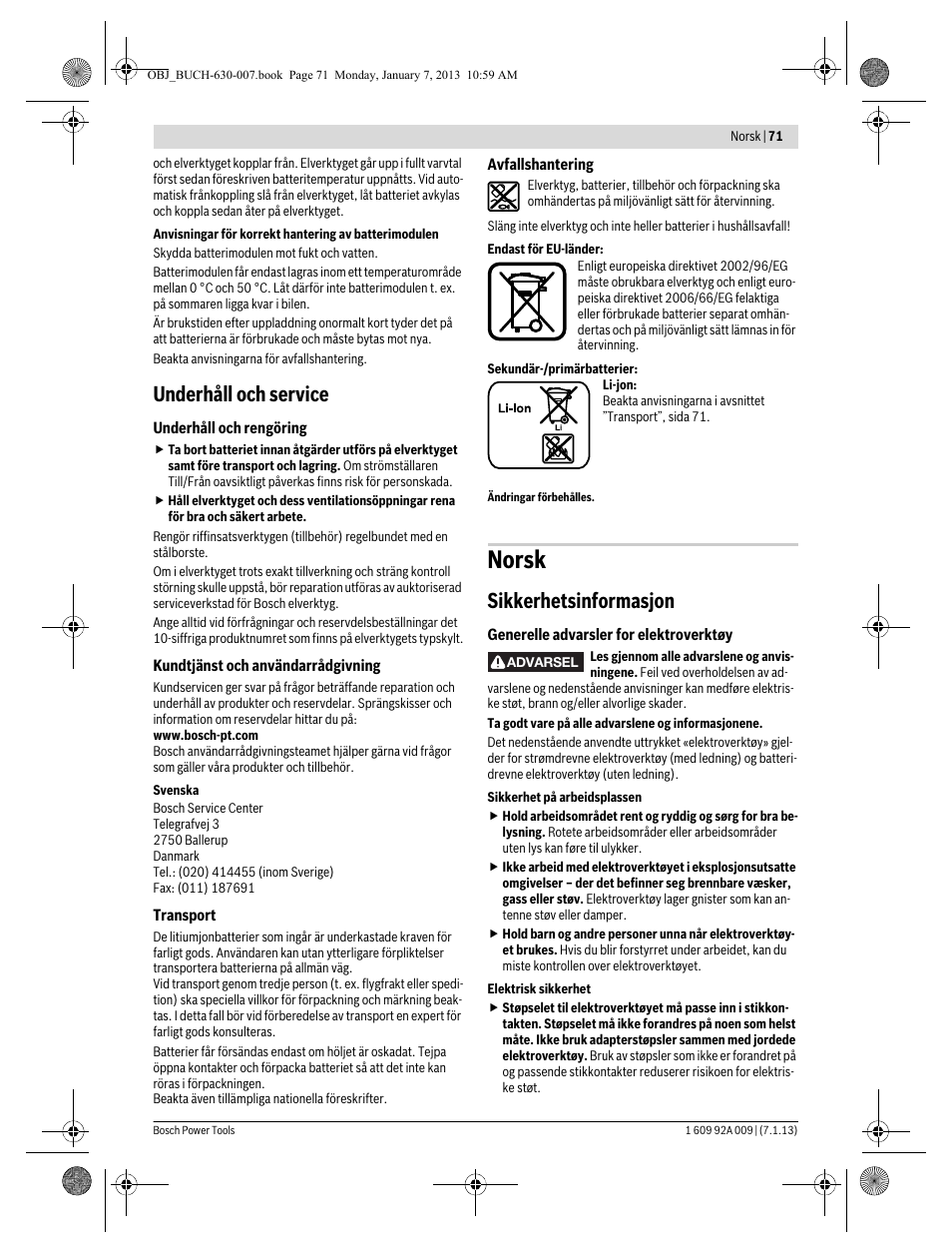 Norsk, Underhåll och service, Sikkerhetsinformasjon | Bosch GOP 10,8 V-LI Professional User Manual | Page 71 / 215