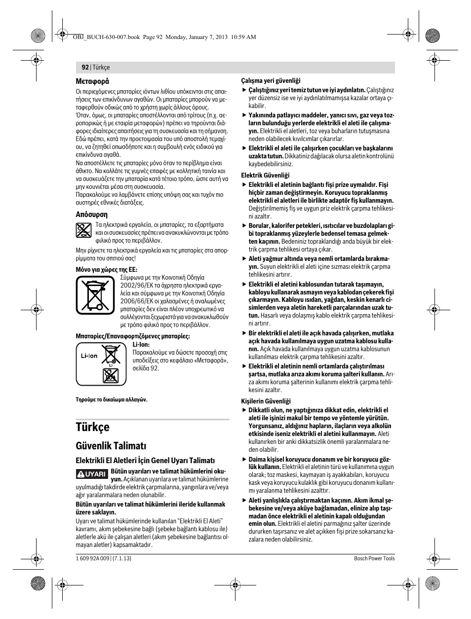 Türkçe, Güvenlik talimatı | Bosch GOP 10,8 V-LI Professional User Manual | Page 92 / 215