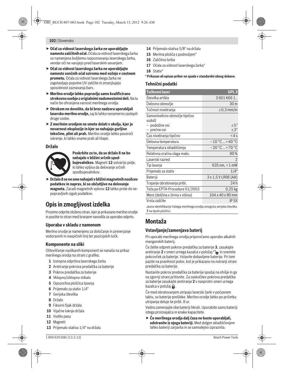 Opis in zmogljivost izdelka, Montaža | Bosch GPL 3 Professional User Manual | Page 102 / 158