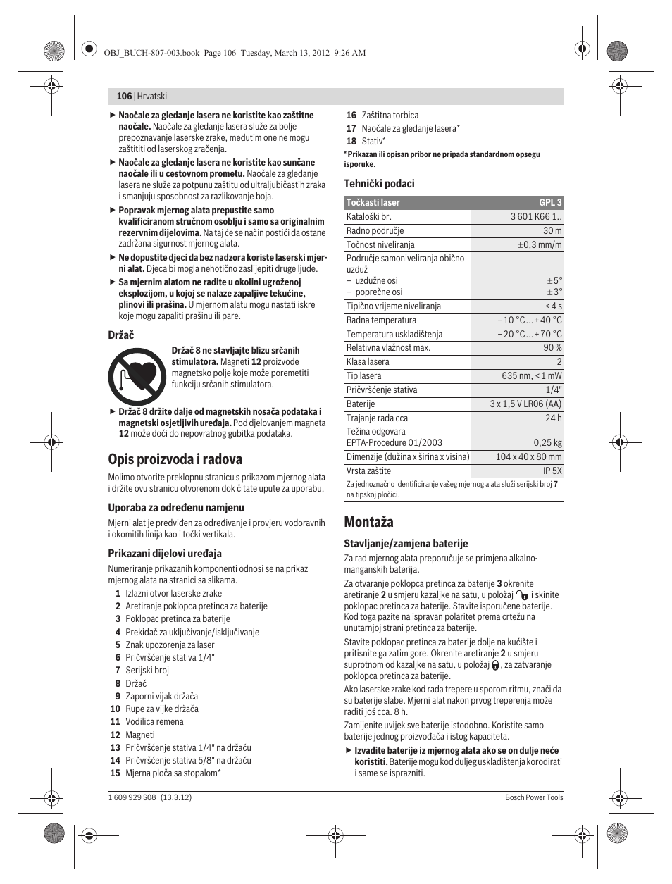 Opis proizvoda i radova, Montaža | Bosch GPL 3 Professional User Manual | Page 106 / 158