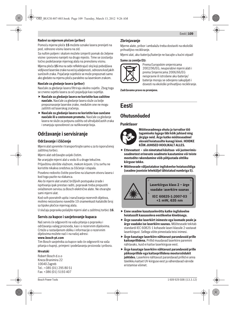 Eesti, Održavanje i servisiranje, Ohutusnõuded | Bosch GPL 3 Professional User Manual | Page 109 / 158