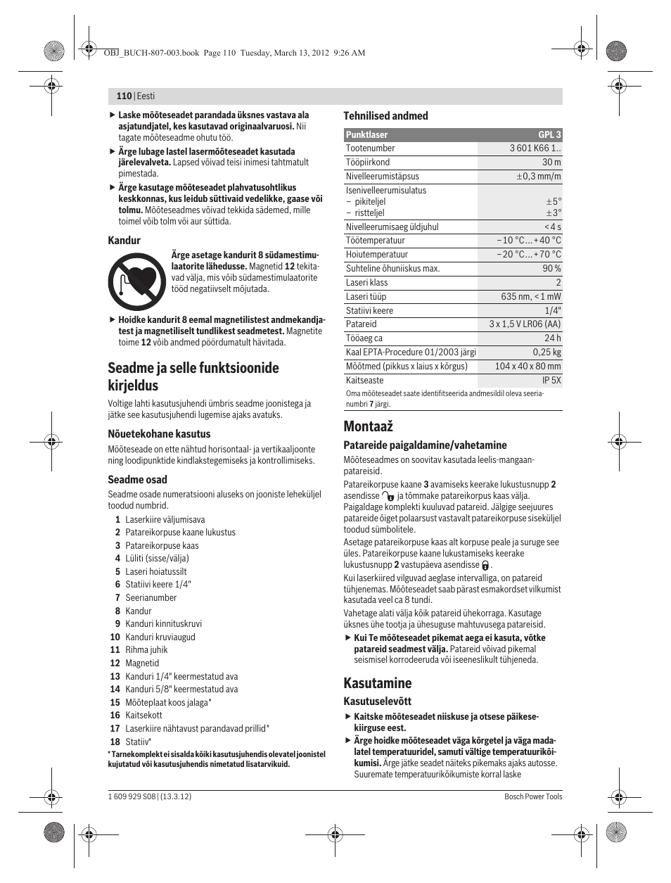 Seadme ja selle funktsioonide kirjeldus, Montaaž, Kasutamine | Bosch GPL 3 Professional User Manual | Page 110 / 158