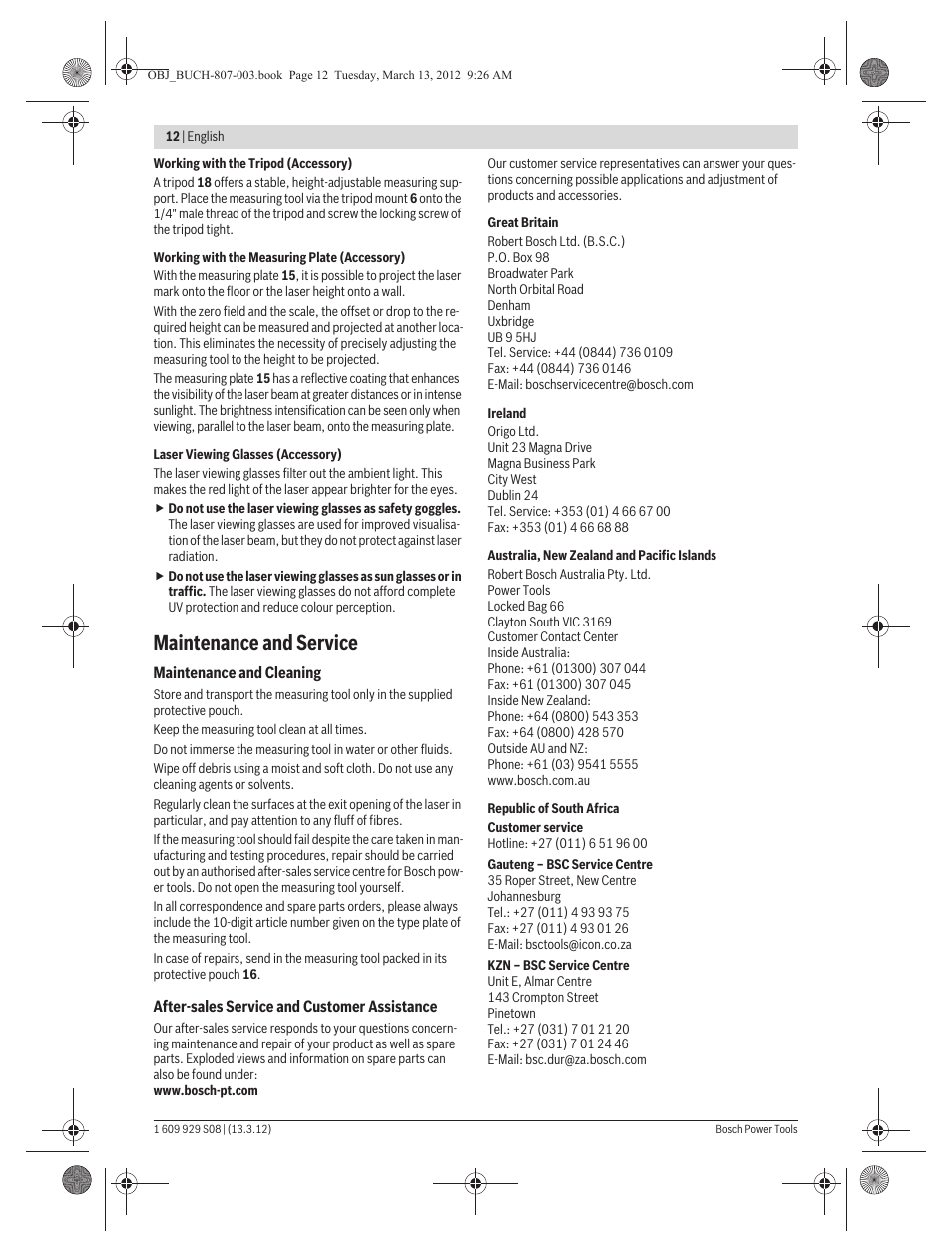 Maintenance and service | Bosch GPL 3 Professional User Manual | Page 12 / 158