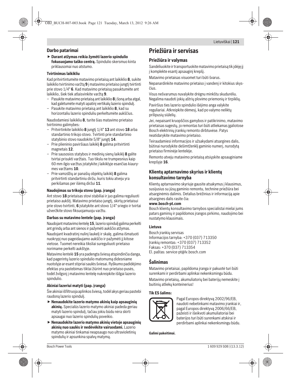 Priežiūra ir servisas | Bosch GPL 3 Professional User Manual | Page 121 / 158