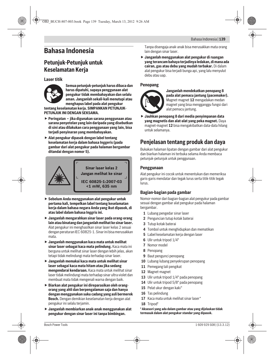 Bahasa indonesia, Petunjuk-petunjuk untuk keselamatan kerja, Penjelasan tentang produk dan daya | Bosch GPL 3 Professional User Manual | Page 139 / 158