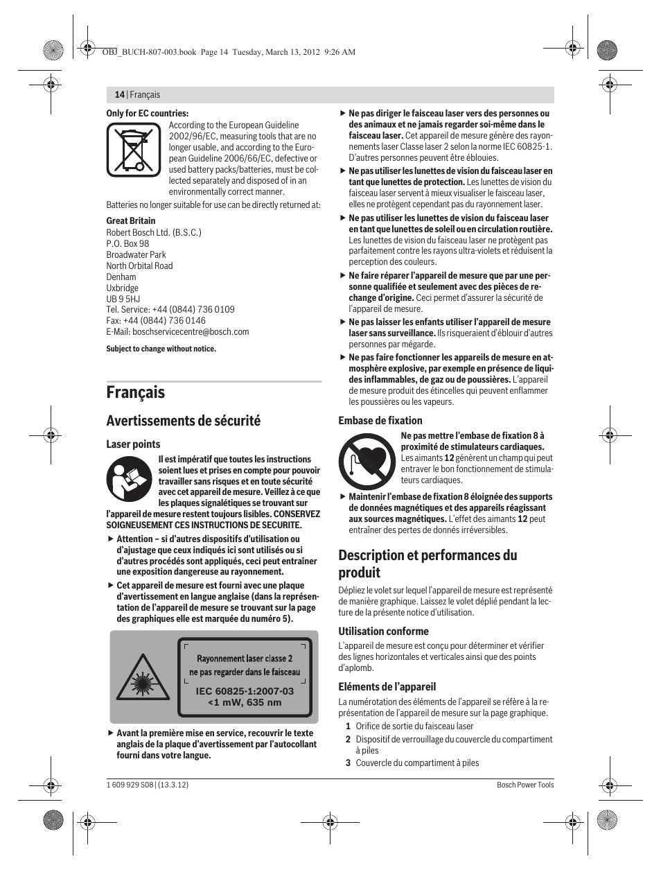 Français, Avertissements de sécurité, Description et performances du produit | Bosch GPL 3 Professional User Manual | Page 14 / 158