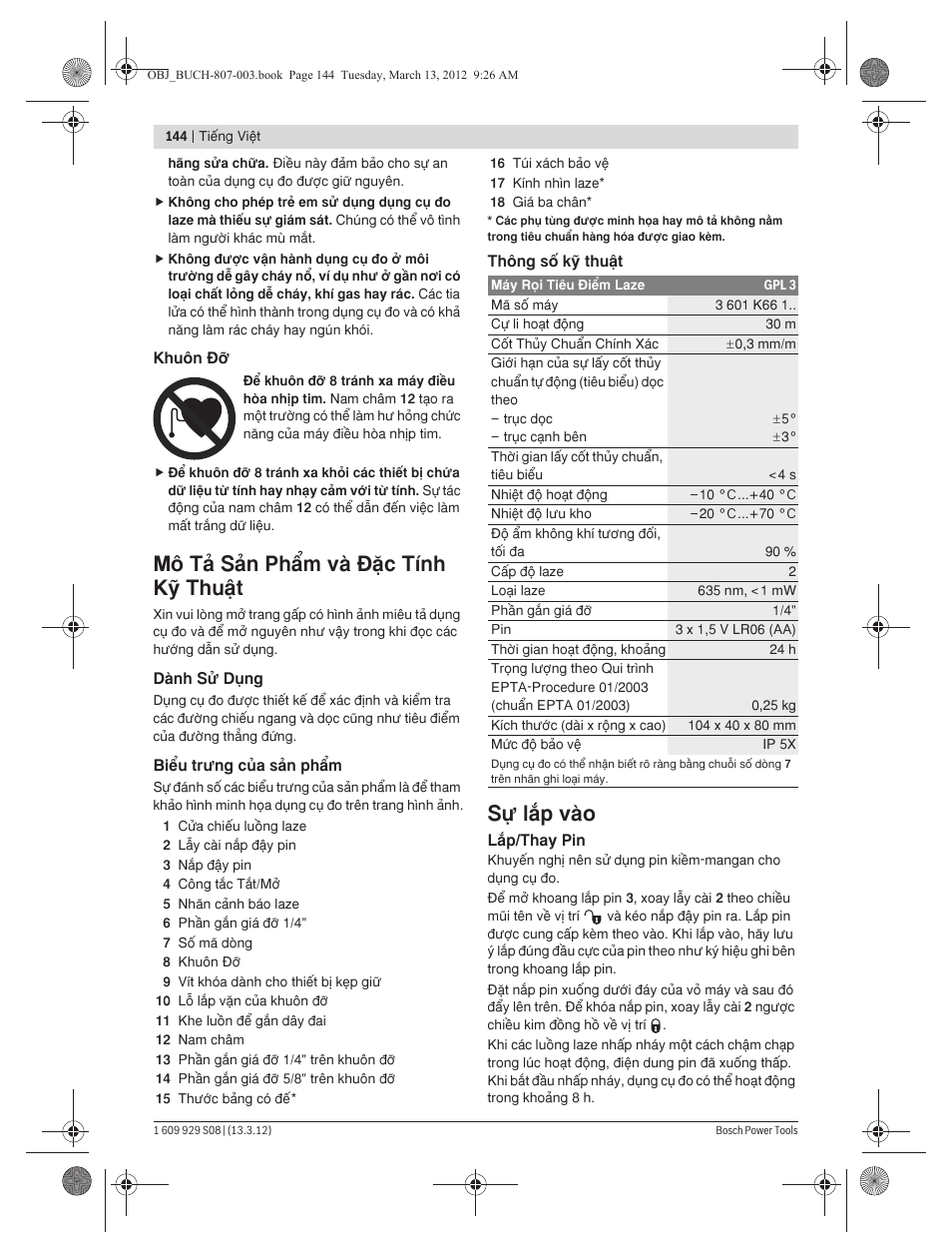 Mä tω sωn ph¤m vμ [◊c tflnh kþ thuÿt, Sú läp vμo | Bosch GPL 3 Professional User Manual | Page 144 / 158