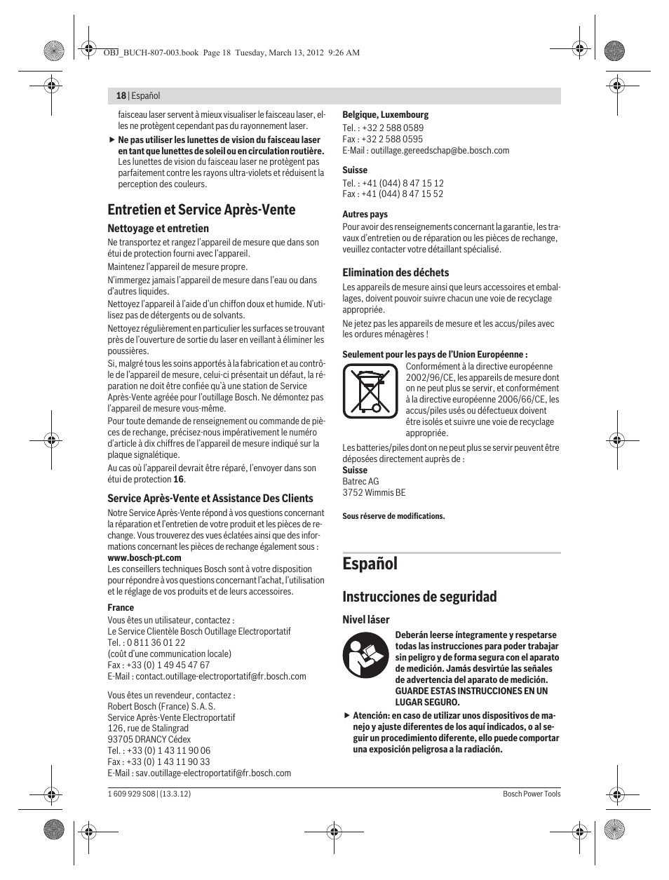 Español, Entretien et service après-vente, Instrucciones de seguridad | Bosch GPL 3 Professional User Manual | Page 18 / 158