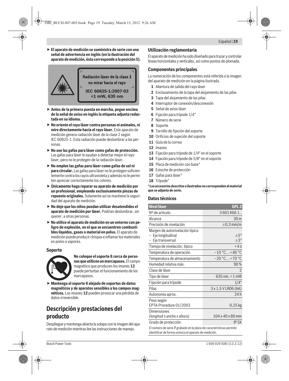 Descripción y prestaciones del producto | Bosch GPL 3 Professional User Manual | Page 19 / 158