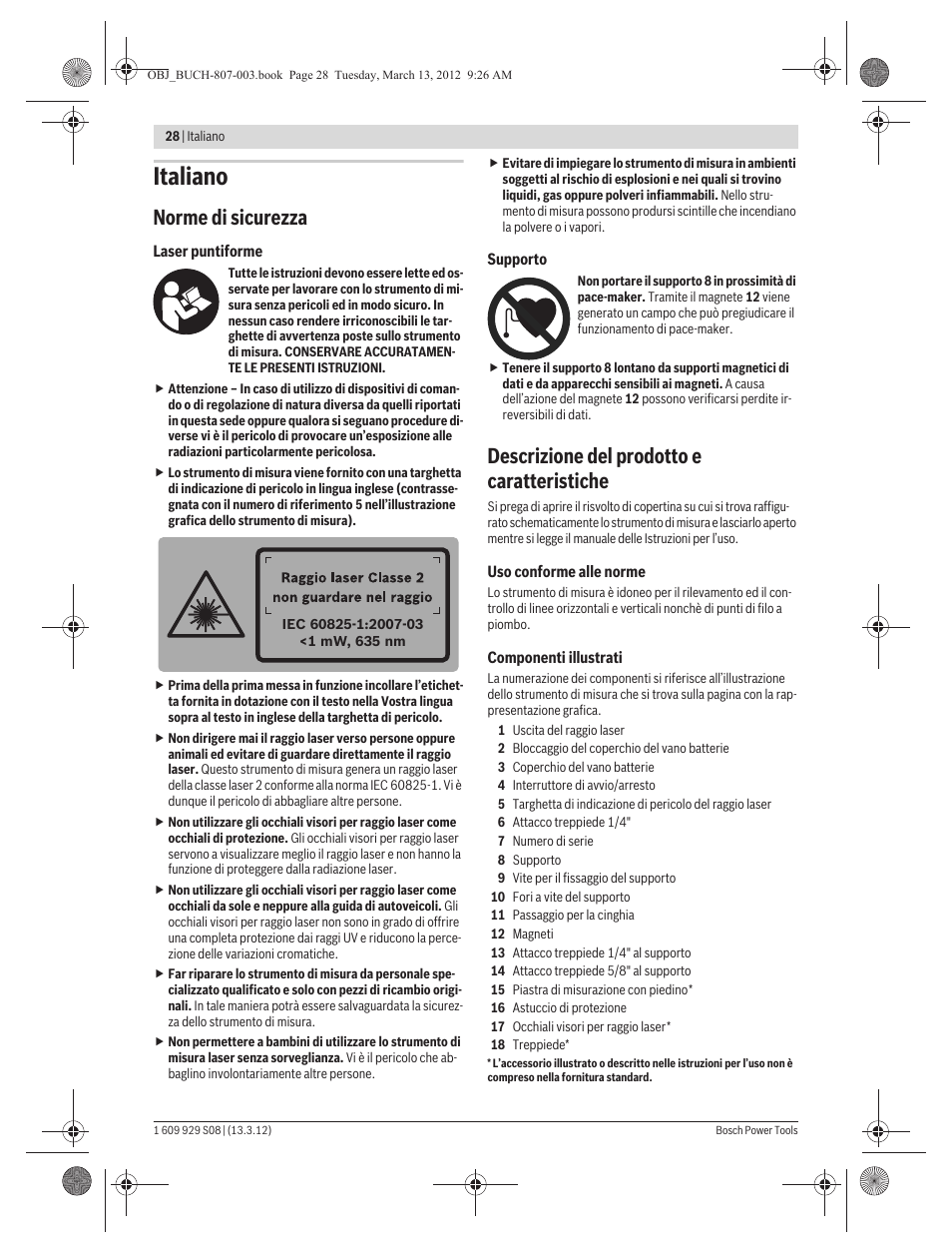 Italiano, Norme di sicurezza, Descrizione del prodotto e caratteristiche | Bosch GPL 3 Professional User Manual | Page 28 / 158