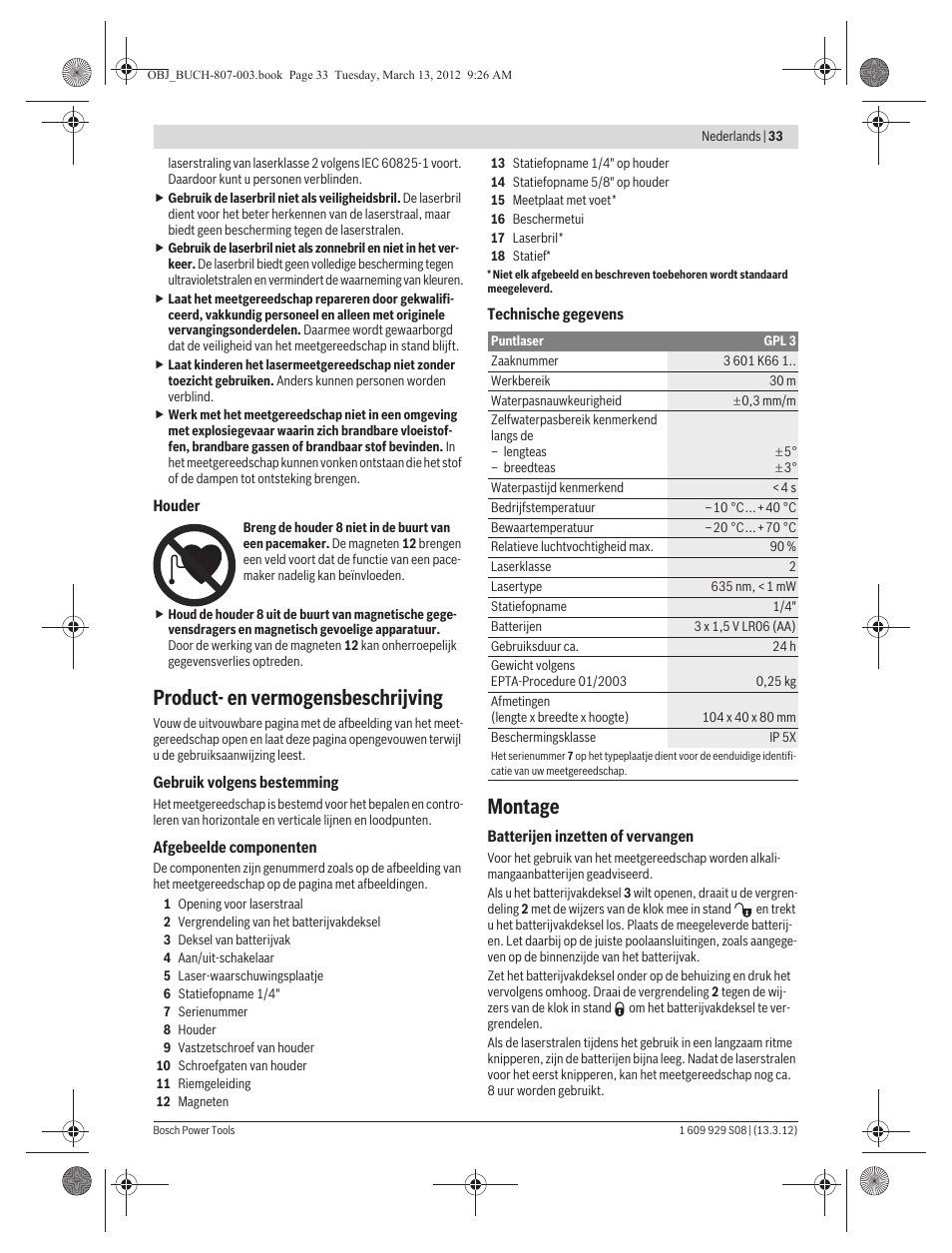 Product- en vermogensbeschrijving, Montage | Bosch GPL 3 Professional User Manual | Page 33 / 158