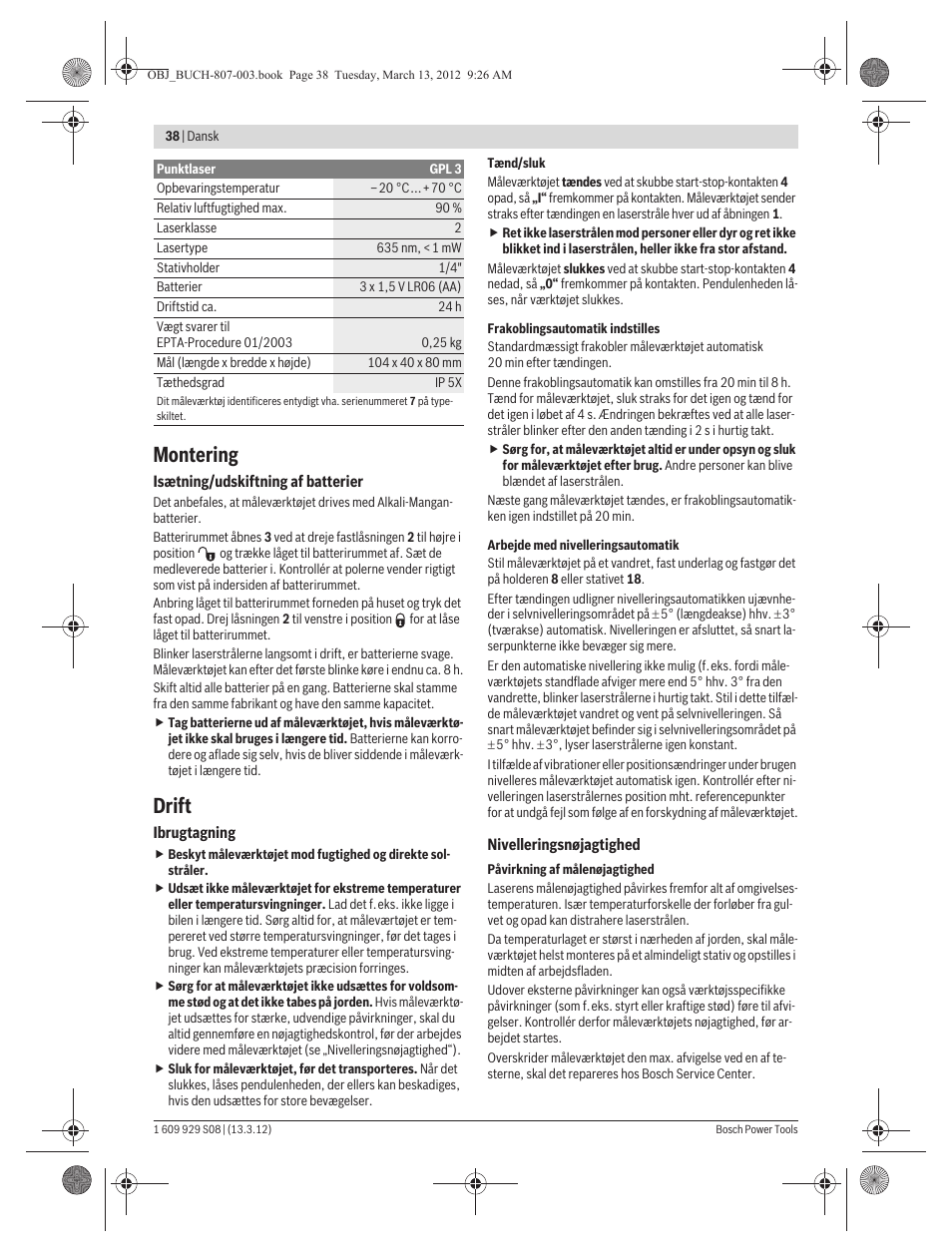 Montering, Drift | Bosch GPL 3 Professional User Manual | Page 38 / 158