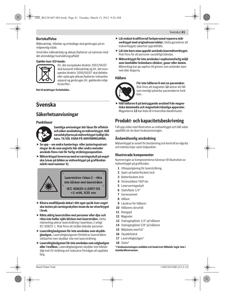 Svenska, Säkerhetsanvisningar, Produkt- och kapacitetsbeskrivning | Bosch GPL 3 Professional User Manual | Page 41 / 158