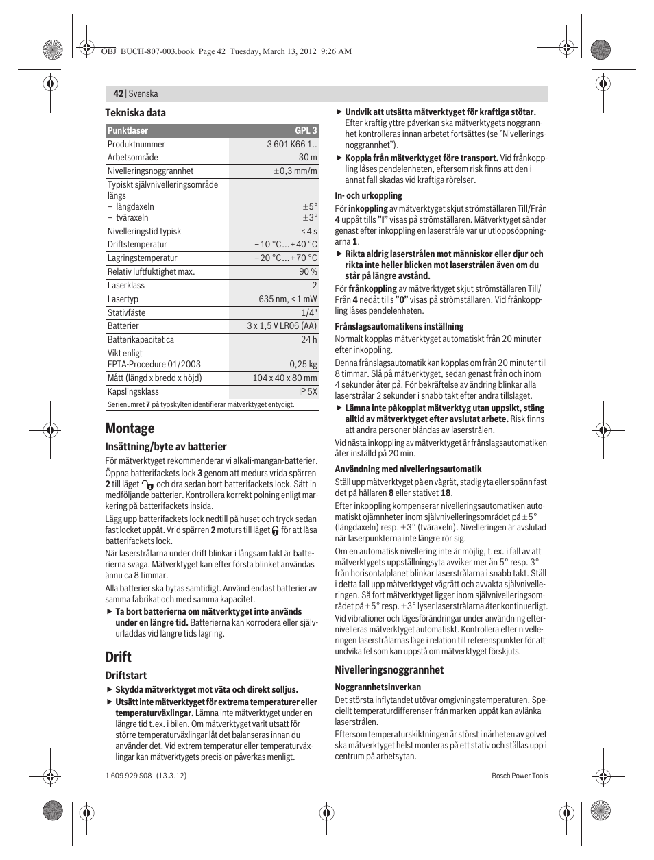 Montage, Drift | Bosch GPL 3 Professional User Manual | Page 42 / 158