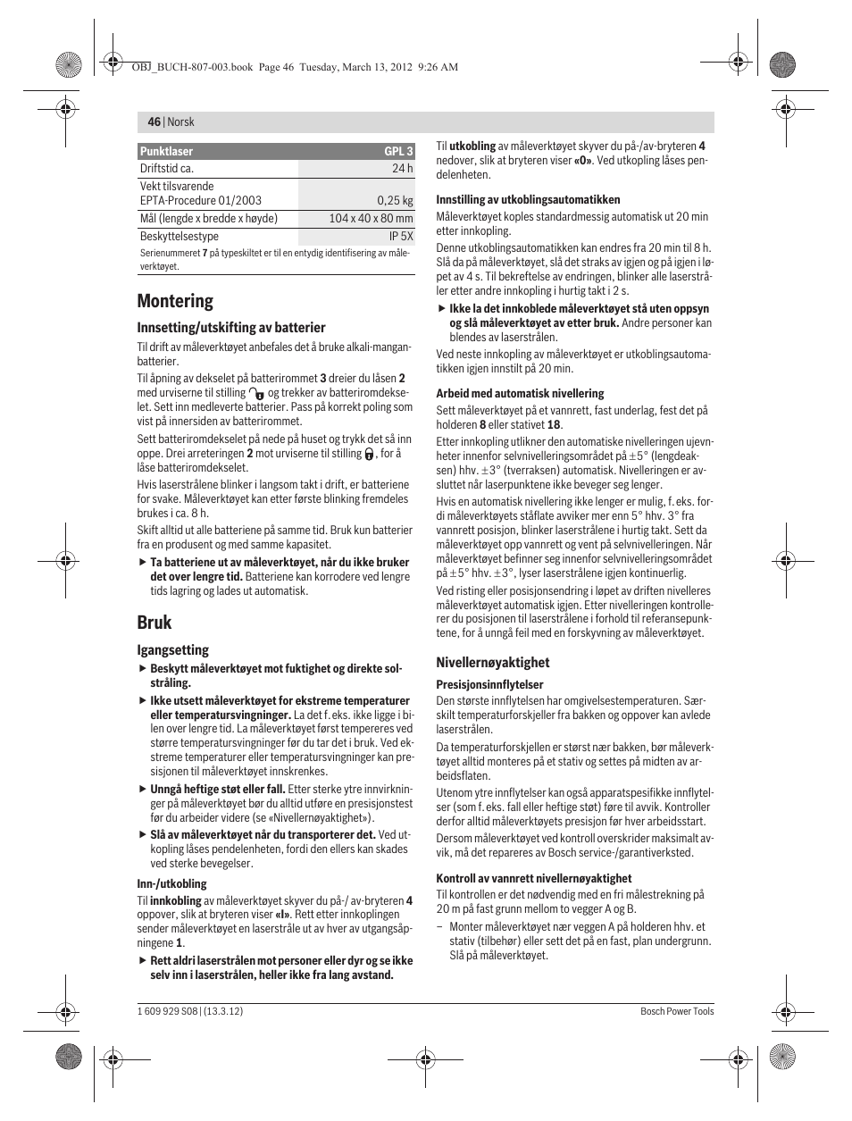 Montering, Bruk | Bosch GPL 3 Professional User Manual | Page 46 / 158