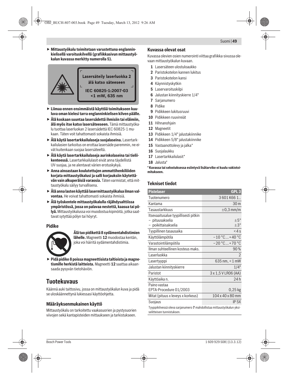 Tuotekuvaus | Bosch GPL 3 Professional User Manual | Page 49 / 158