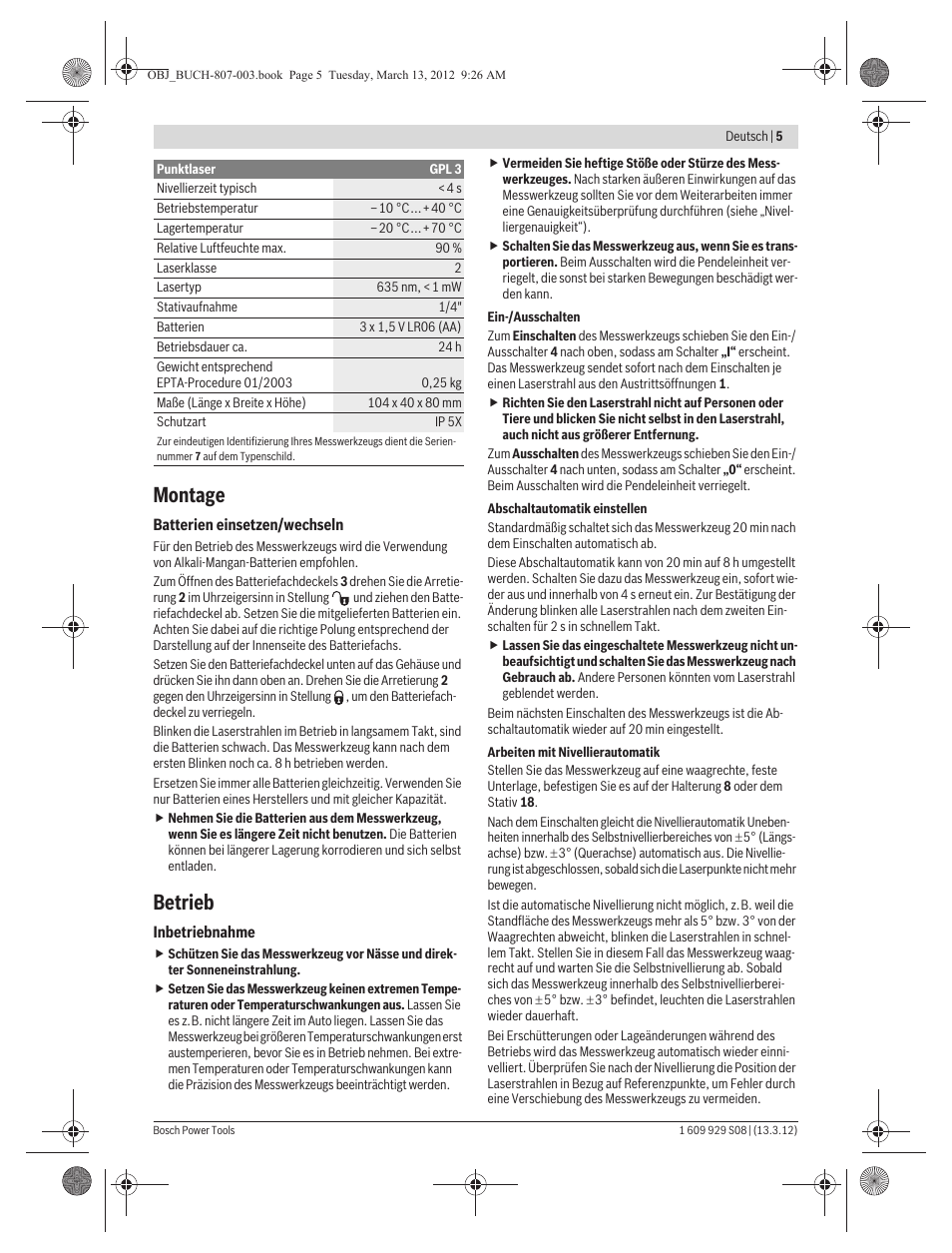 Montage, Betrieb | Bosch GPL 3 Professional User Manual | Page 5 / 158