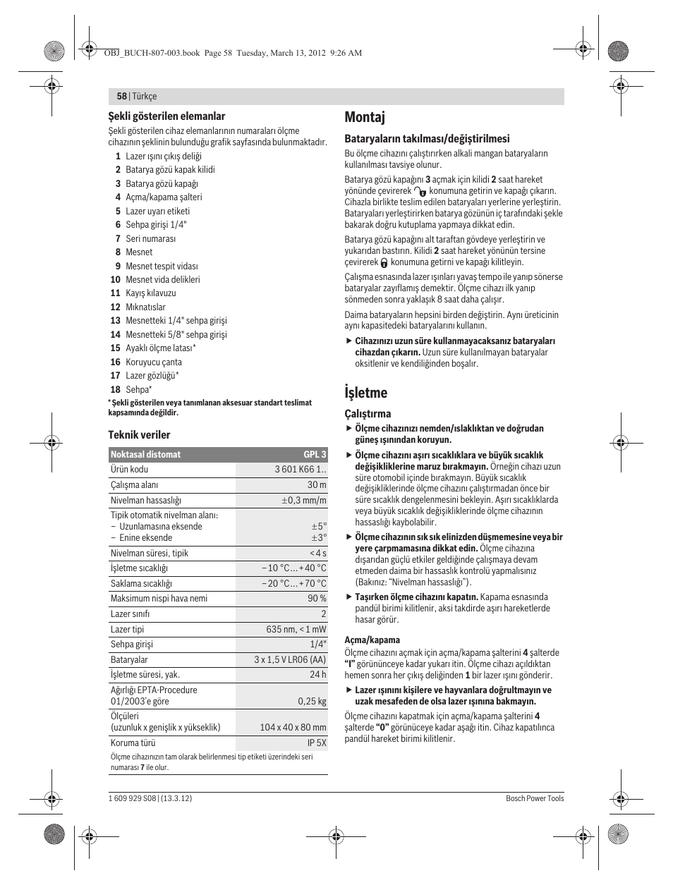 Montaj, Işletme | Bosch GPL 3 Professional User Manual | Page 58 / 158