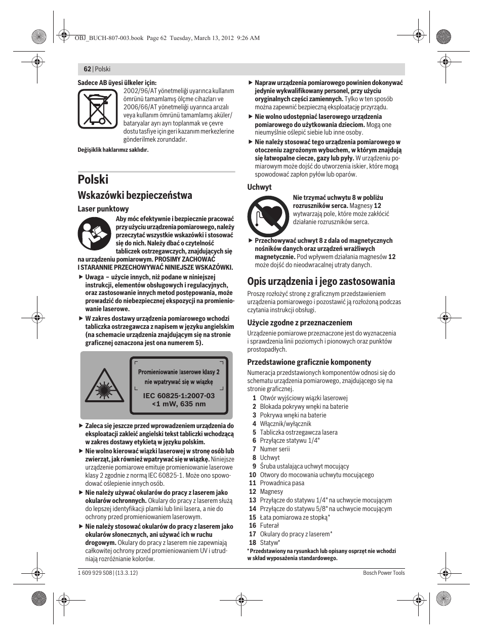 Polski, Wskazówki bezpieczeństwa, Opis urządzenia i jego zastosowania | Bosch GPL 3 Professional User Manual | Page 62 / 158