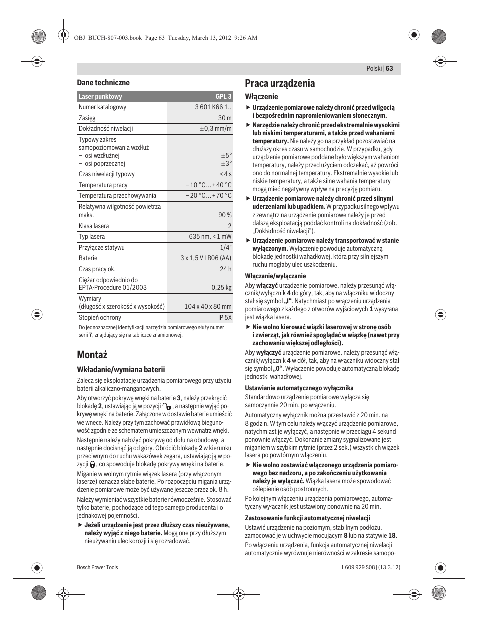 Montaż, Praca urządzenia | Bosch GPL 3 Professional User Manual | Page 63 / 158