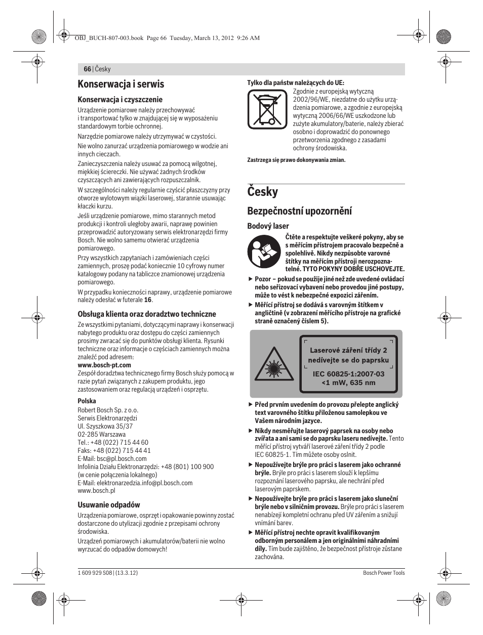 Česky, Konserwacja i serwis, Bezpečnostní upozornění | Bosch GPL 3 Professional User Manual | Page 66 / 158