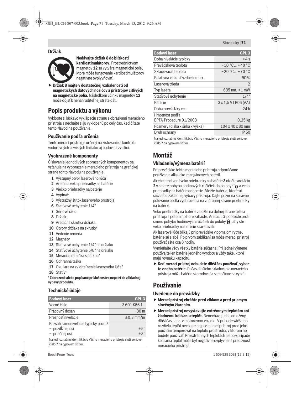 Popis produktu a výkonu, Montáž, Používanie | Bosch GPL 3 Professional User Manual | Page 71 / 158