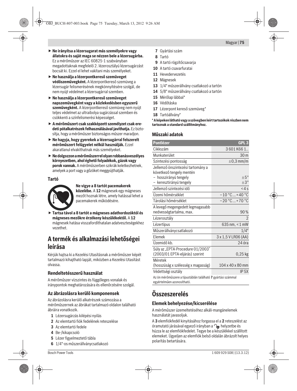 A termék és alkalmazási lehetőségei leírása, Összeszerelés | Bosch GPL 3 Professional User Manual | Page 75 / 158