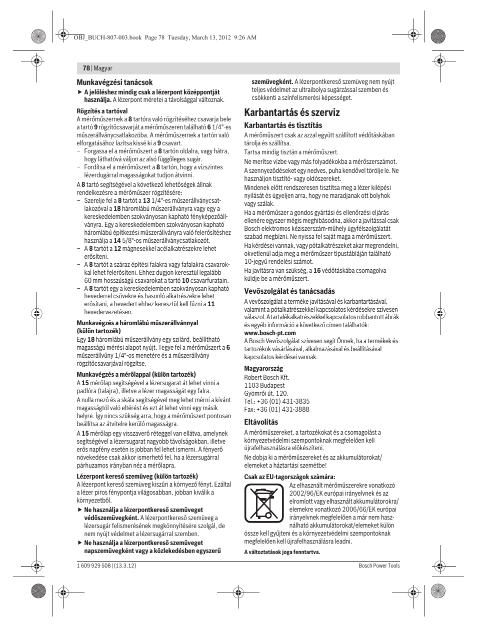 Karbantartás és szerviz | Bosch GPL 3 Professional User Manual | Page 78 / 158