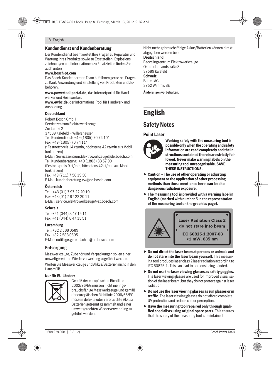 English | Bosch GPL 3 Professional User Manual | Page 8 / 158