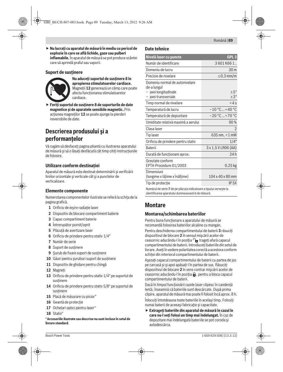 Descrierea produsului şi a performanţelor, Montare | Bosch GPL 3 Professional User Manual | Page 89 / 158