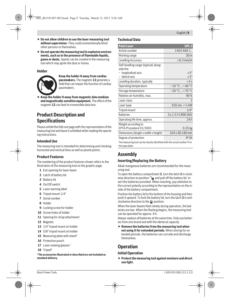 Product description and specifications, Assembly, Operation | Bosch GPL 3 Professional User Manual | Page 9 / 158