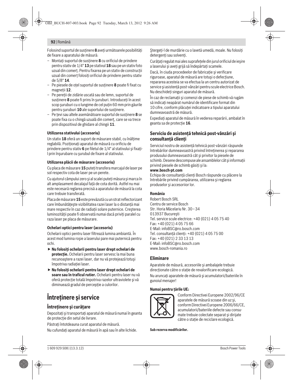 Întreţinere şi service | Bosch GPL 3 Professional User Manual | Page 92 / 158